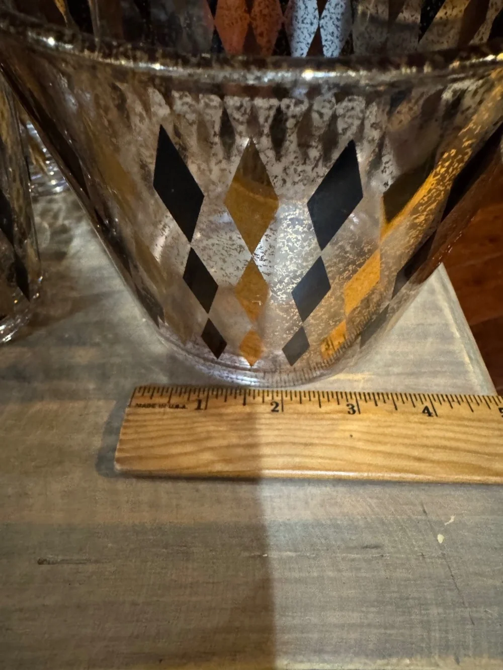 VTG Federal Glass Rare Harlequin Black And Gold 6 glasses, ice bucket & carrier.